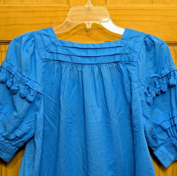 Chico's Peasant Blouse Tassel Sz 0 = Small Square Neck 3/4 Sleeve Top Blue Boho - Picture 7 of 10